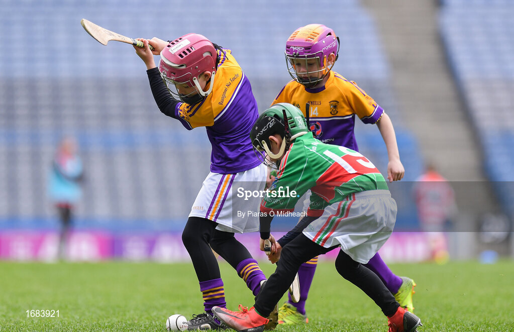14 April 2019; Fionán Caulfield of Faythe Harriers, Co Wexford, left, in action against The Rower Inistioge, Co Kilkenny, during the Littlewoods Ireland Go Games Provincial Days in Croke Park. This year over 6,000 boys and girls aged between six and twelve represented their clubs in a series of mini blitzes and just like their heroes got to play in Croke Park. Photo by Piaras Ó Mídheach/Sportsfile