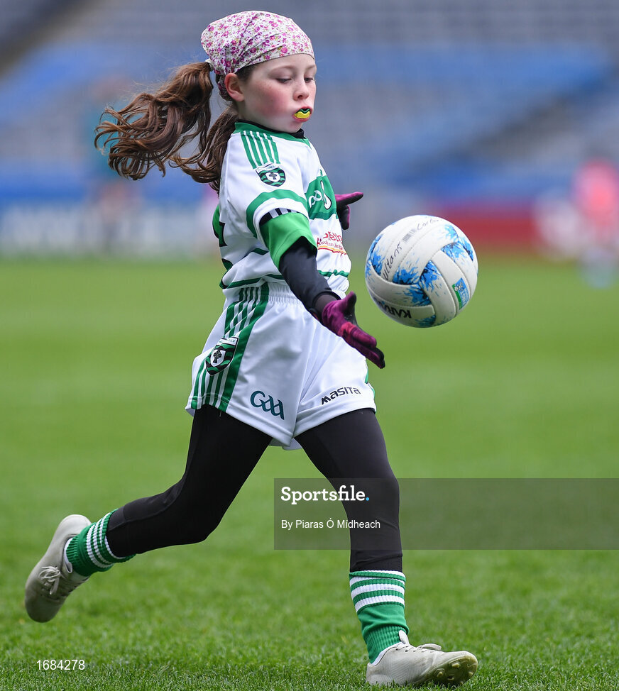 14 April 2019; Léann Coyne of St Ultan's Cortown Gaels, Co Meath, during the Littlewoods Ireland Go Games Provincial Days in Croke Park. This year over 6,000 boys and girls aged between six and twelve represented their clubs in a series of mini blitzes and just like their heroes got to play in Croke Park. Photo by Piaras Ó Mídheach/Sportsfile