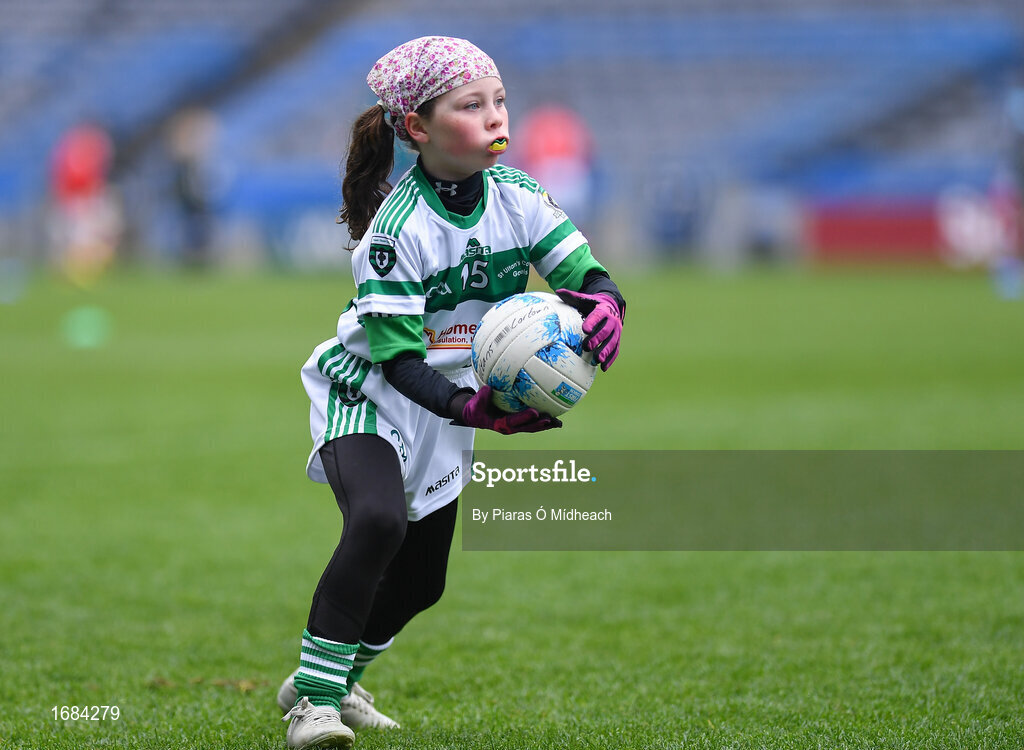 14 April 2019; Léann Coyne of St Ultan's Cortown Gaels, Co Meath, during the Littlewoods Ireland Go Games Provincial Days in Croke Park. This year over 6,000 boys and girls aged between six and twelve represented their clubs in a series of mini blitzes and just like their heroes got to play in Croke Park. Photo by Piaras Ó Mídheach/Sportsfile