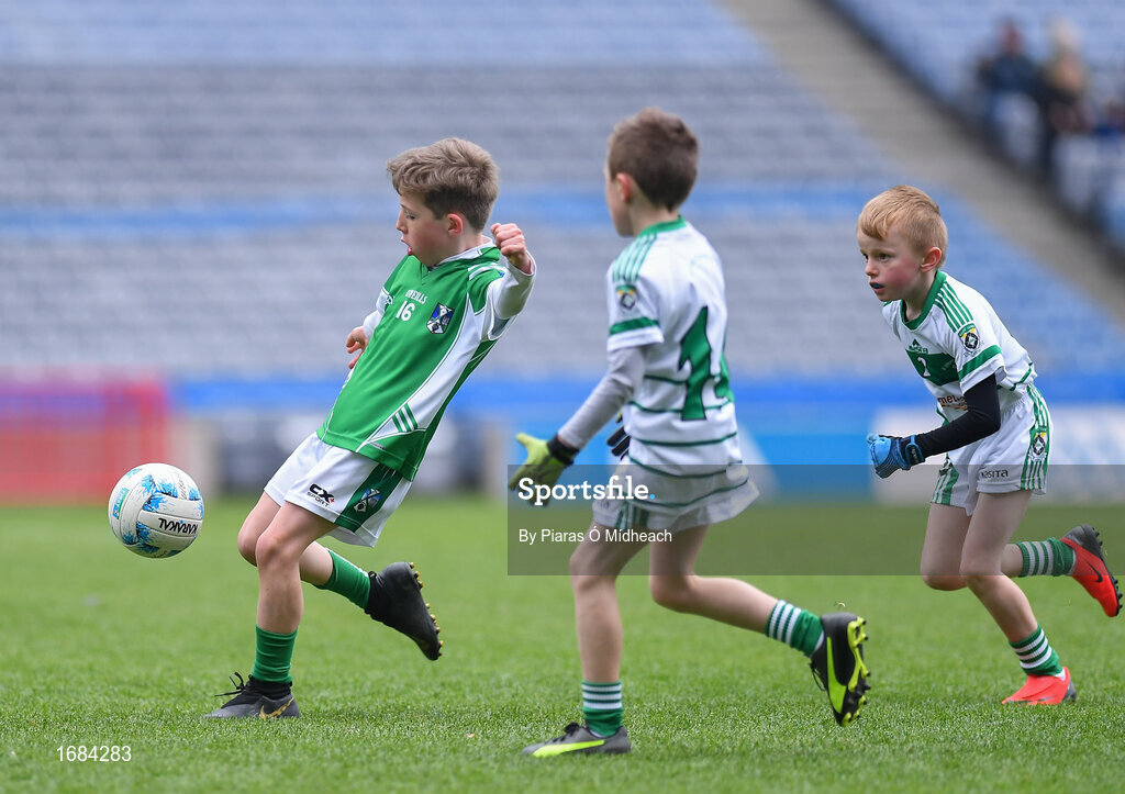 14 April 2019; Daire O'Neill of Geraldines, Co Louth, in action against St Ultan's Cortown Gaels, Co Meath, during the Littlewoods Ireland Go Games Provincial Days in Croke Park. This year over 6,000 boys and girls aged between six and twelve represented their clubs in a series of mini blitzes and just like their heroes got to play in Croke Park. Photo by Piaras Ó Mídheach/Sportsfile