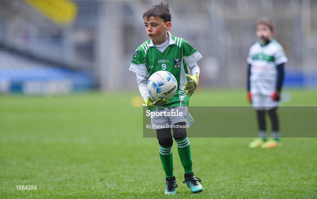 14 April 2019; Oisín McKevitt of Geraldines, Co Louth, in action against St Ultan's Cortown Gaels, Co Meath, during the Littlewoods Ireland Go Games Provincial Days in Croke Park. This year over 6,000 boys and girls aged between six and twelve represented their clubs in a series of mini blitzes and just like their heroes got to play in Croke Park. Photo by Piaras Ó Mídheach/Sportsfile