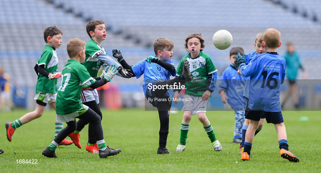 14 April 2019; Aaron Grant of Ballyroan Abbey, Co Laois, in action against St Mary's Rochfortbridge, Co Westmeath, during the Littlewoods Ireland Go Games Provincial Days in Croke Park. This year over 6,000 boys and girls aged between six and twelve represented their clubs in a series of mini blitzes and just like their heroes got to play in Croke Park. Photo by Piaras Ó Mídheach/Sportsfile
