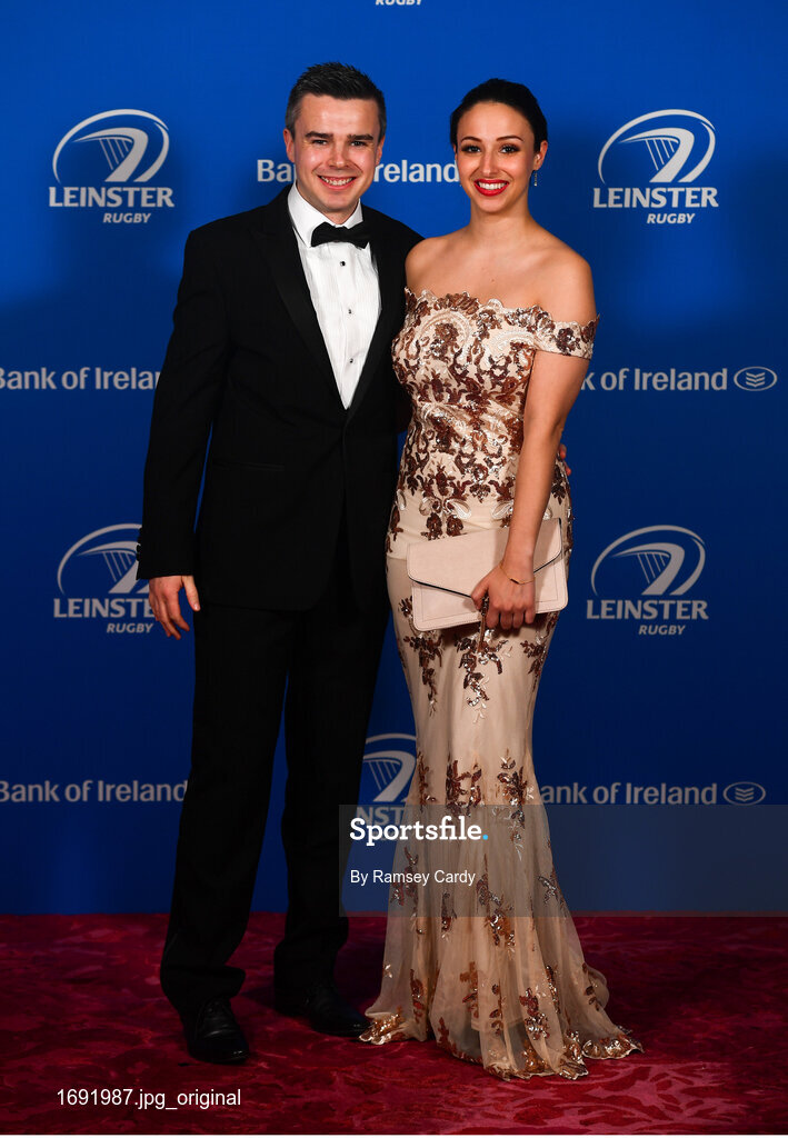 28 April 2019; On arrival at the Leinster Rugby Awards Ball are Killian Mullen and Alex Carlix. The Leinster Rugby Awards Ball, taking place at the InterContinental Dublin were a celebration of the 2018/19 Leinster Rugby season to date. Photo by Ramsey Cardy/Sportsfile