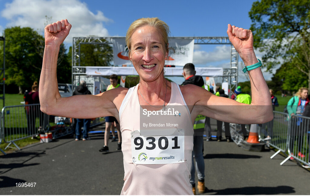 4 May 2019; Catherina McKiernan of Annalee A.C, Cavan celebrates after winning the Irish Runner 5k in conjunction with the AAI National 5k Championships, Phoenix Park in Dublin. Photo by Brendan Moran/Sportsfile