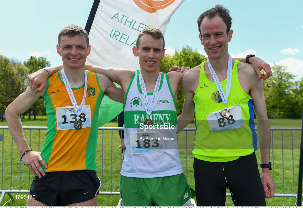 4 May 2019; Winner of the AAI Men's National 5k Championship Kieran Kelly of Raheny Shamrock A.C in Dublin with silver medallist Conor Duffy of Glaslough Harriers A.C. Monaghan, left, and bronze medallist Peter Arthur of Liffey Valley A.C. in Dublin, right, after the Irish Runner 5k in conjunction with the AAI National 5k Championships, Phoenix Park in Dublin. Photo by Brendan Moran/Sportsfile