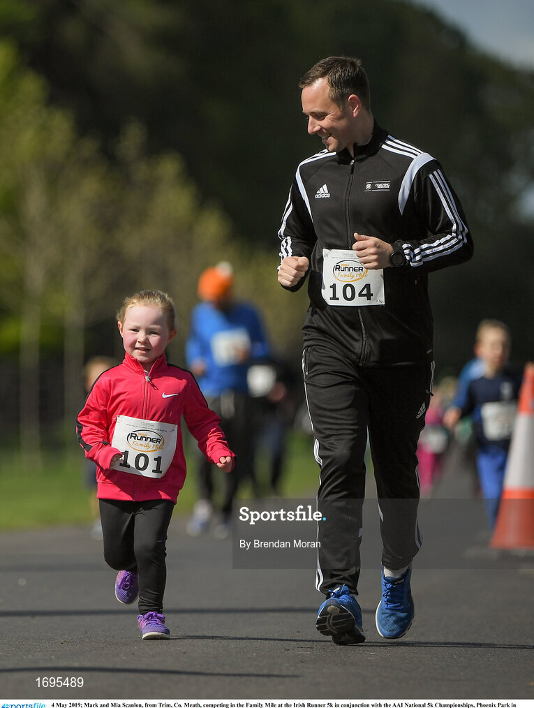 4 May 2019; Mark and Mia Scanlon, from Trim, Co. Meath, competing in the Family Mile at the Irish Runner 5k in conjunction with the AAI National 5k Championships, Phoenix Park in Dublin. Photo by Brendan Moran/Sportsfile