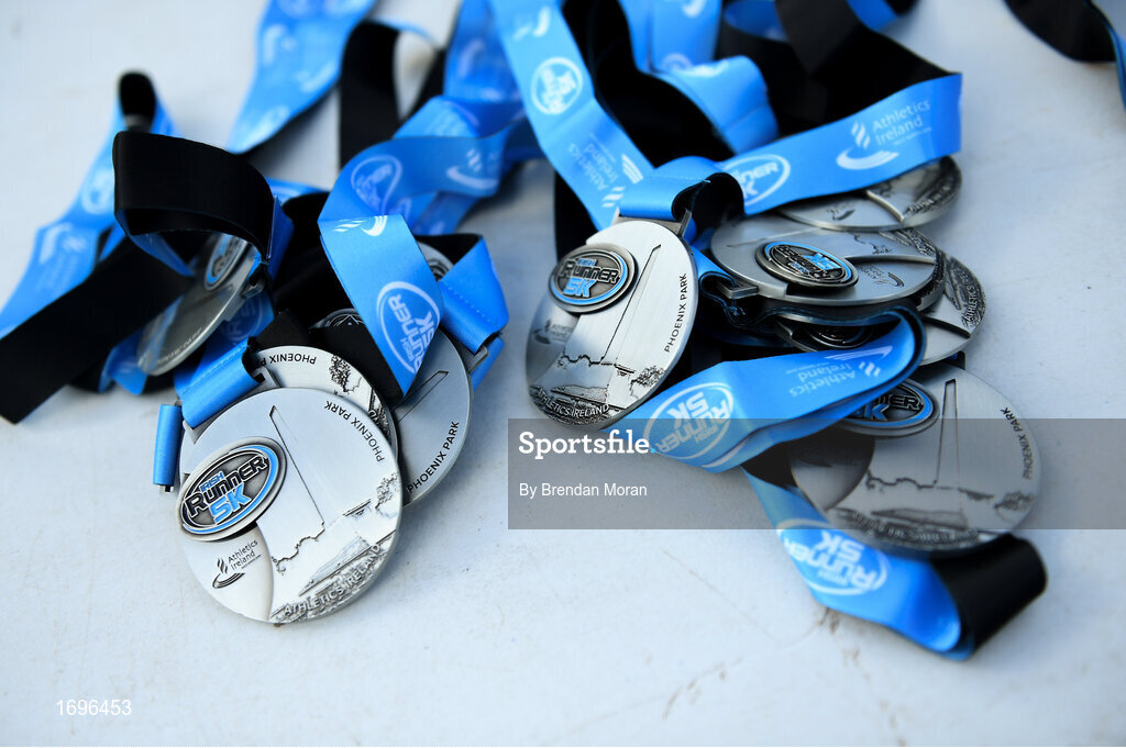 4 May 2019; A general view of medals at the Irish Runner 5k in conjunction with the AAI National 5k Championships, Phoenix Park in Dublin. Photo by Brendan Moran/Sportsfile