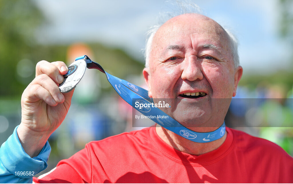 4 May 2019; Frank Greally with his medal after competing at the Irish Runner 5k in conjunction with the AAI National 5k Championships, Phoenix Park in Dublin. Photo by Brendan Moran/Sportsfile