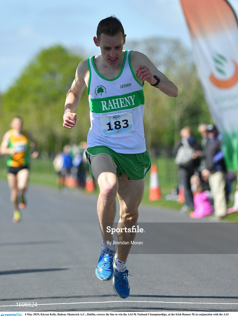 4 May 2019; Kieran Kelly, Raheny Shamrock A.C., Dublin, crosses the line to win the AAI 5k National Championships, at the Irish Runner 5k in conjunction with the AAI National 5k Championships, Phoenix Park in Dublin. Photo by Brendan Moran/Sportsfile