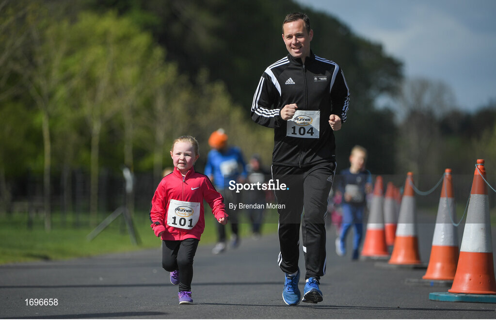 4 May 2019; Mark and Mia Scanlon, from Trim, Co. Meath competing in the Family Mile at the Irish Runner 5k in conjunction with the AAI National 5k Championships, Phoenix Park in Dublin. Photo by Brendan Moran/Sportsfile