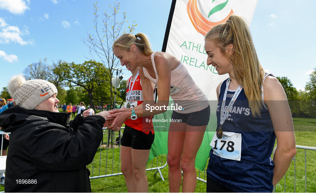 4 May 2019; Athletics Ireland President Georgina Drumm presents winner Catherina McKiernan of Annalee A.C, Cavan, with her medal after the Women's National 5k Championship at the Irish Runner 5k in conjunction with the AAI National 5k Championships, Phoenix Park in Dublin. Photo by Brendan Moran/Sportsfile
