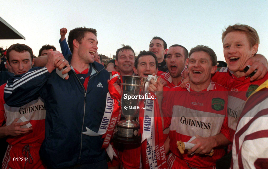 30 December 1998; Cork City players, from left, Ollie Cahill, goalscorer Noel Hartigan, Gareth Cronin, John Caulfield, Noel Mooney, Derek Coughlan, captain Declan Daly and Colin O'Brien celebrate following the Harp Lager League Cup Final 2nd Leg match between Cork City and Shamrock Rovers at Turners Cross in Cork. Photo by Matt Browne/Sportsfile