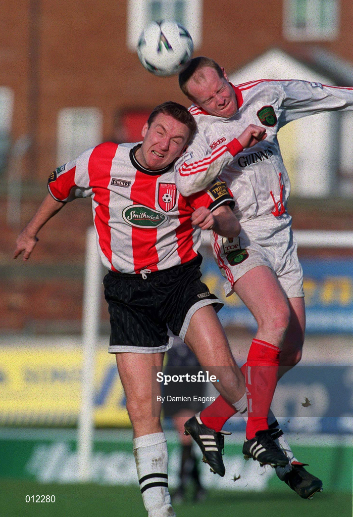 29 November 1998; Dave Hill of Cork City in action against Liam Coyle of Derry City during the Harp Lager National League Premier Division match between Derry City and Cork City at the Brandywell Stadium in Derry. Photo by Damien Eagers/Sportsfile