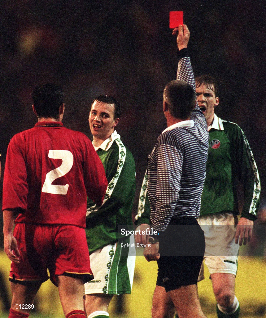 15 November 1997; Referee Gunter Benko issues a red card to David Connolly of Republic of Ireland during the FIFA World Cup Play-Off Second Leg match between Belgium and Republic of Ireland at Heysel Stadium in Brussels, Belgium. Photo by Matt Browne/Sportsfile