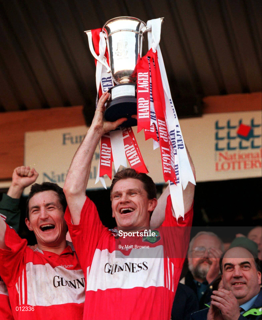 30 December 1998; Cork City captain Declan Daly lifts the cup following victory in the Harp Lager League Cup Final 2nd Leg match between Cork City and Shamrock Rovers at Turners Cross in Cork. Photo by Matt Browne/Sportsfile