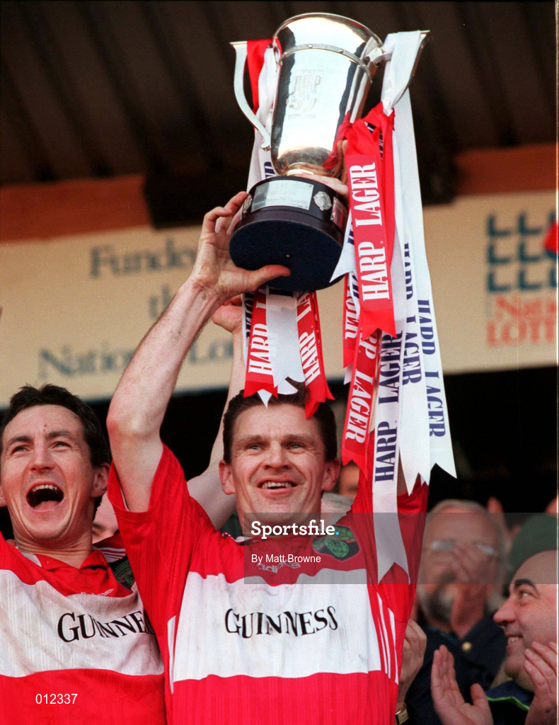 30 December 1998; Cork City captain Declan Daly lifts the cup following victory in the Harp Lager League Cup Final 2nd Leg match between Cork City and Shamrock Rovers at Turners Cross in Cork. Photo by Matt Browne/Sportsfile