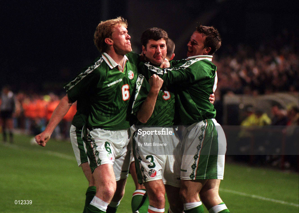 29 October 1997; Denis Irwin of Republic of Ireland celebrates after scoring his side's first goal with team-mates Steve Staunton, left, and David Connelly, right, during the FIFA World Cup 1998 Qualifier Play-off 1st Leg between Republic of Ireland and Belgium at Lansdowne Road in Dublin. Photo by Matt Browne/Sportsfile