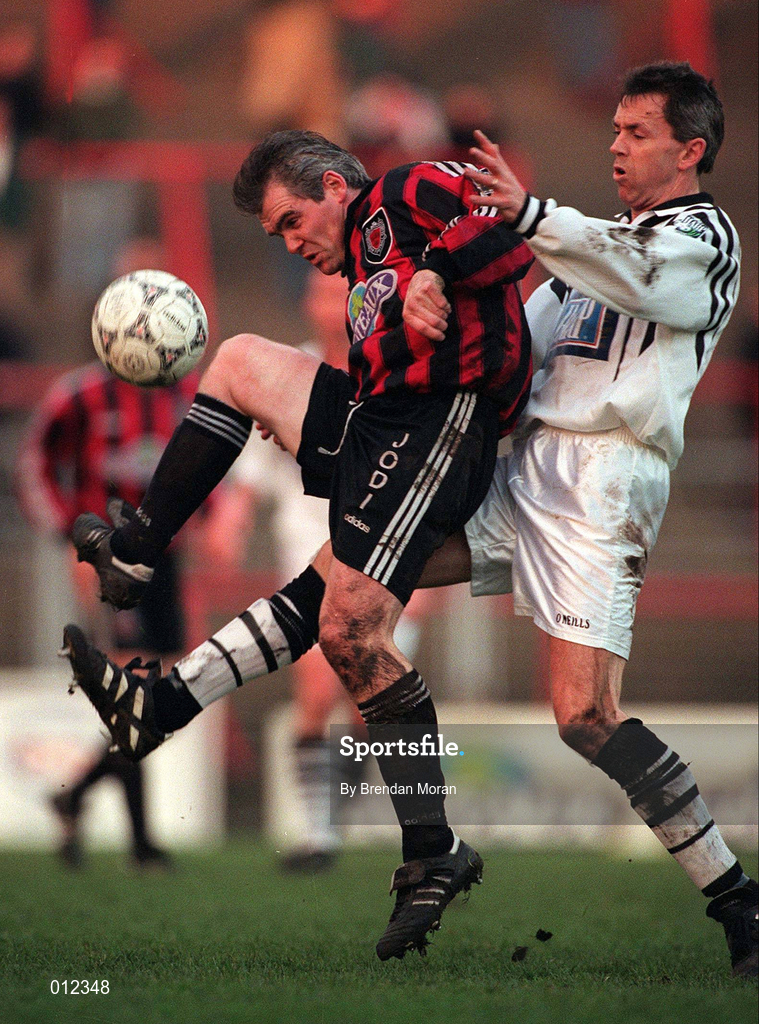 14 December 1997; Derek Swan of Bohemians in action against Kevin Brady of Dundalk during the Harp Lager National League Premier Division match between Bohemians and Dundalk at Dalymount Park in Dublin. Photo by Brendan Moran/Sportsfile