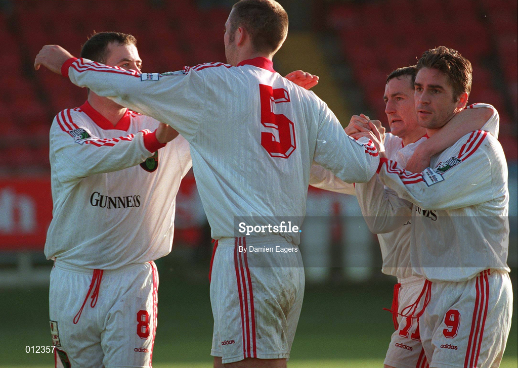 29 November 1998; Cork City players, from left, Kelvin Flanagan, Derek Coughlan (5), John Caulfield and Gerard Dobbs celebrate Cork City's equaliser against Derry City during the Harp Lager National League Premier Division match at the Brandywell Stadium in Derry. Photo by Damien Eagers/Sportsfile