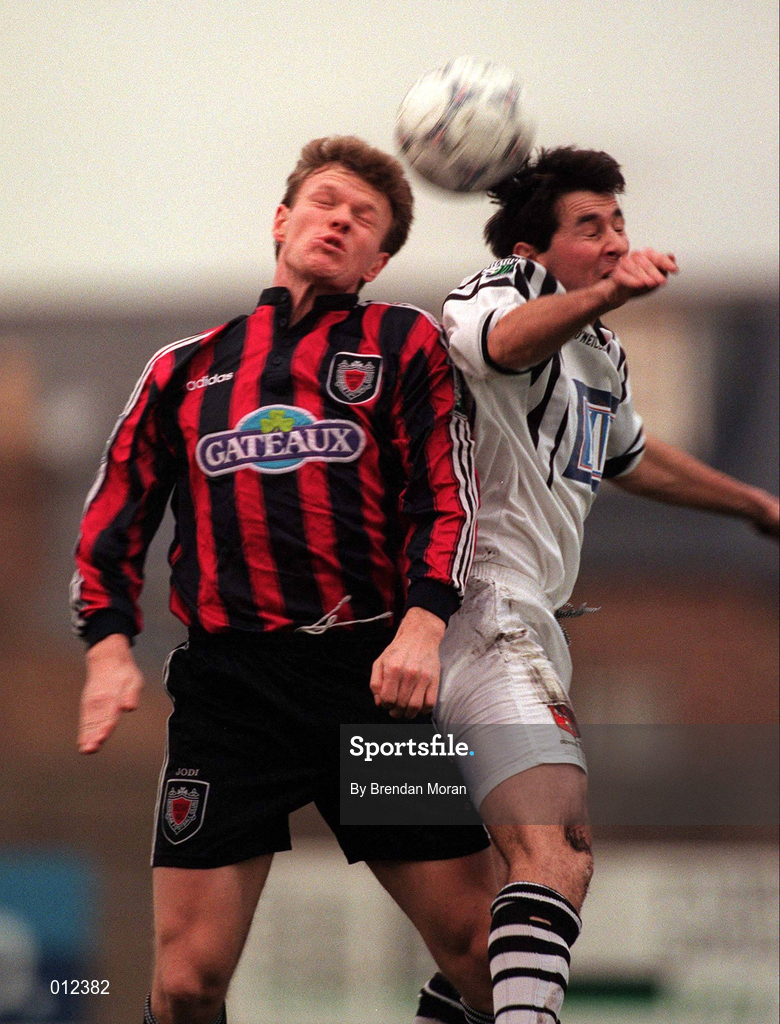 14 December 1997; Eoin Mullen of Bohemians in action against Brian Byrne of Dundalk during the Harp Lager National League Premier Division match between Bohemians and Dundalk at Dalymount Park in Dublin. Photo by Brendan Moran/Sportsfile