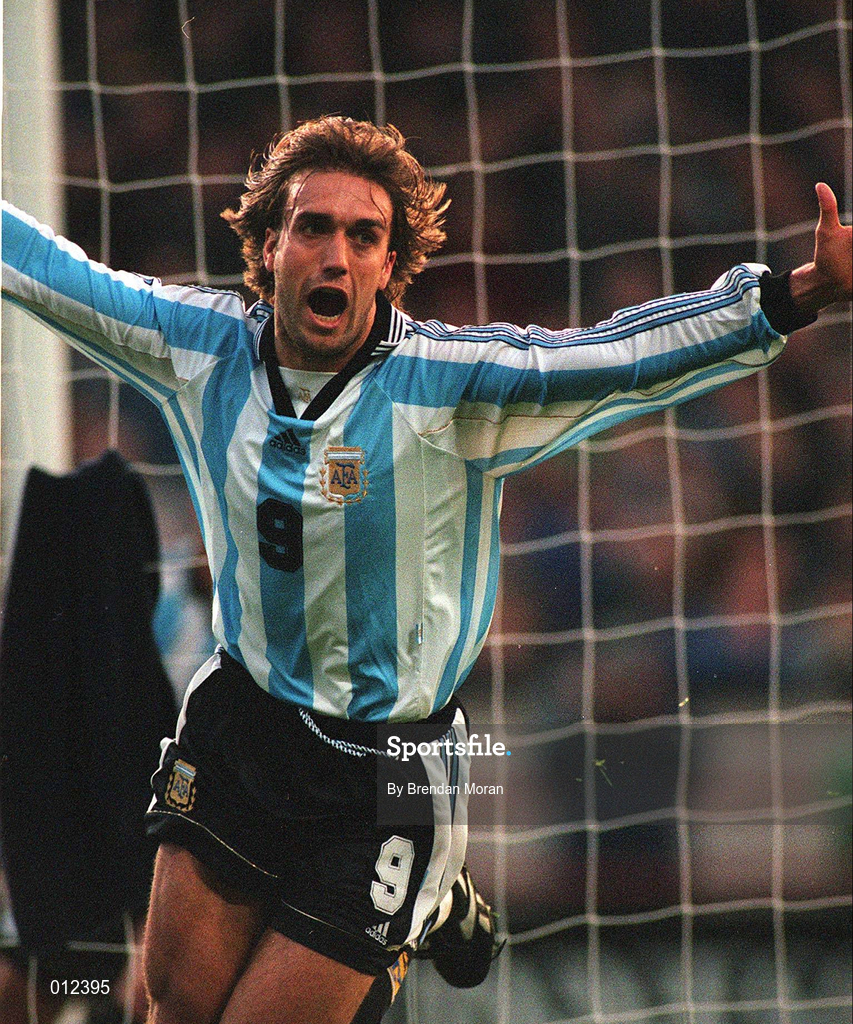 22 April 1998; Gabriel Batistuta of Argentina celebrates after scoring his side's first goal during the international friendly match between Lansdowne Road in Dublin. Photo by Brendan Moran/Sportsfile
