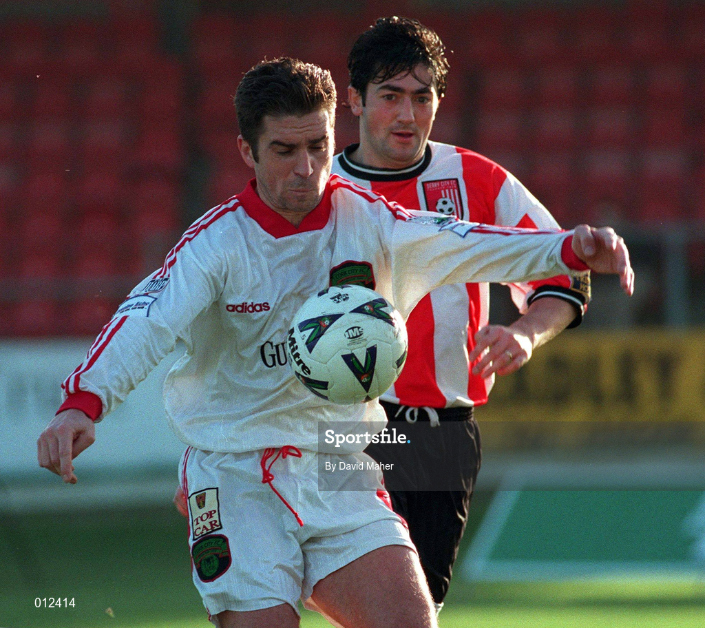 29 November 1998; Gerald Dobbs of Cork City in action against Peter Hutton of Derry City during the Harp Lager National League Premier Division match between Derry City and Cork City at the Brandywell Stadium in Derry. Photo by David Maher/Sportsfile