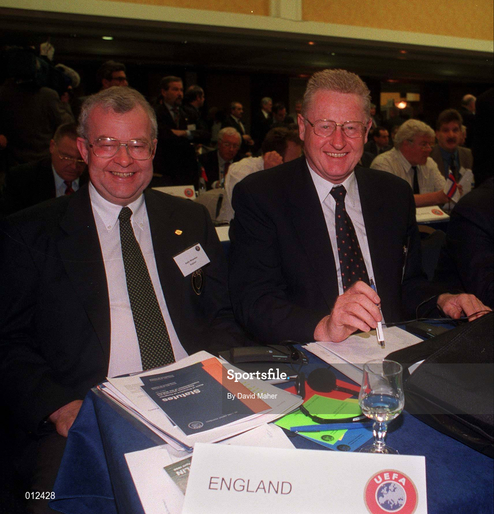30 April 1998; FA Chairman Keith Wiseman, left, and Graham Kelly, Chief Executive, during the UEFA Congress at the Jury's Hotel in Dublin. Photo by David Maher/Sportsfile