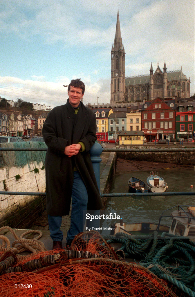 27 February 1998; Cobh Ramblers player/manager Ian Butterworth at Cobh Harbour during a feature on Cobh Ramblers Football Club in Cobh, Cork. Photo by David Maher/Sportsfile