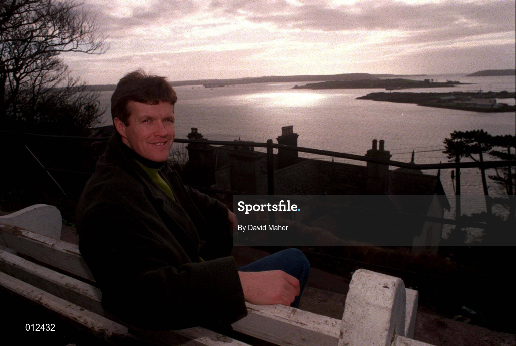 27 February 1998; Cobh Ramblers player/manager Ian Butterworth with Spike Island in the background during a feature on Cobh Ramblers Football Club in Cobh, Cork. Photo by David Maher/Sportsfile