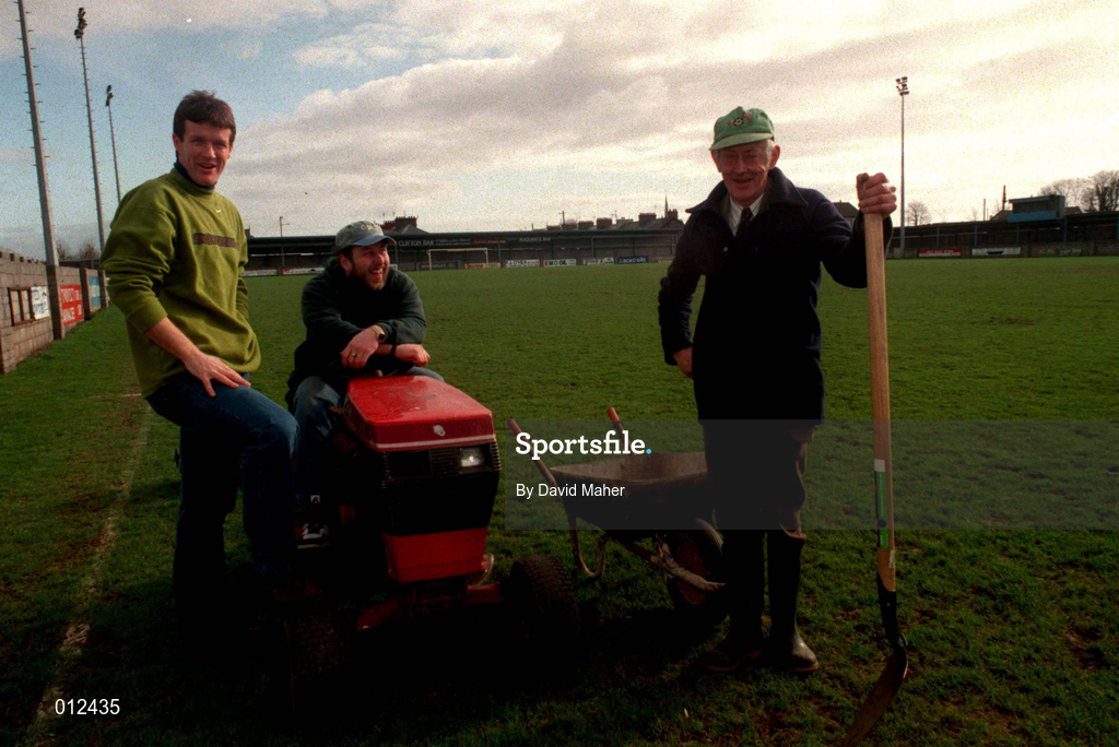 27 February 1998; Cobh Ramblers player/manager Ian Butterworth, left, with groundsmen Dan Horgan and Paddy McCarthy during a feature on Cobh Ramblers Football Club in Cobh, Cork. Photo by David Maher/Sportsfile