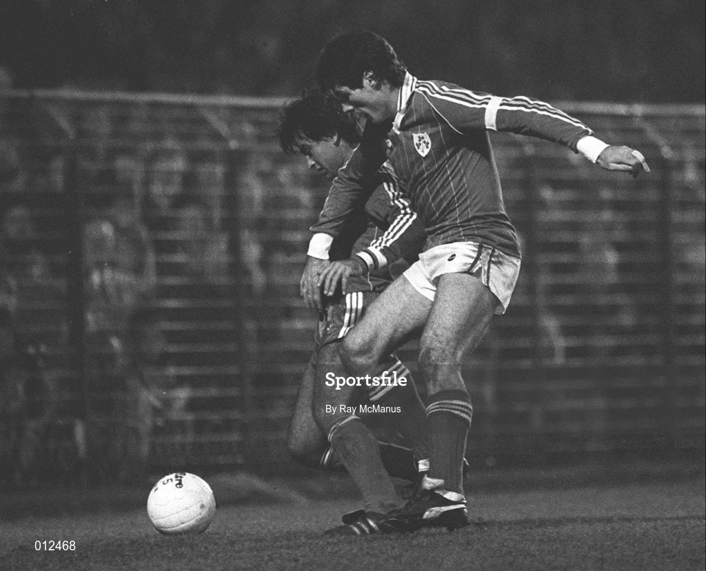16 November 1983; Frank Stapleton of Republic of Ireland in action against Alex Azzopardi of Malta during the UEFA EURO 1984 Qualifier Group 8 match between Republic of Ireland and Malta at Dalymount Park in Dublin. Photo by Ray McManus/Sportsfile