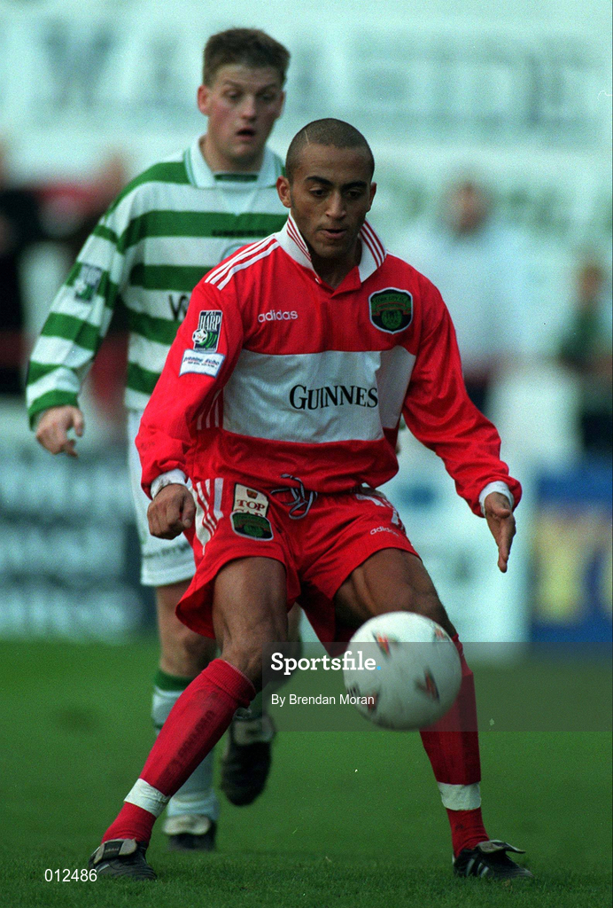 9 November 1997; Jason Kabia of Cork City during the Harp Lager National League Premier Division match between Shamrock Rovers and Cork City at Tolka Park in Dublin. Photo by Brendan Moran/Sportsfile