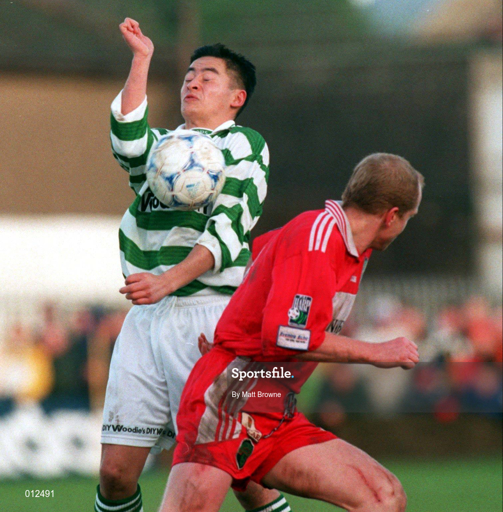 30 December 1998; Jason Sherlock of Shamrock Rovers in action against Dave Hill of Cork City during the Harp Lager League Cup Final 2nd Leg match between Cork City and Shamrock Rovers at Turners Cross in Cork. Photo by Matt Browne/Sportsfile
