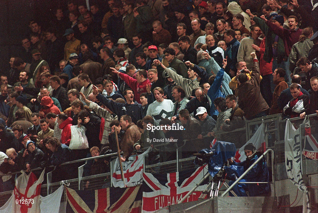 15 February 1995; Rioting England supporters in the Upper West stand, which forced the abandonement of the  international friendly match between Republic of Ireland and England at Lansdowne Road in Dublin. Photo by David Maher/Sportsfile