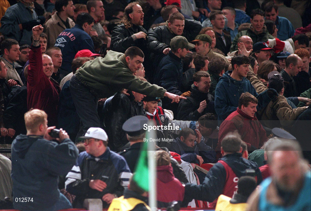 15 February 1995; Rioting England supporters in the Upper West stand, which forced the abandonement of the  international friendly match between Republic of Ireland and England at Lansdowne Road in Dublin. Photo by David Maher/Sportsfile