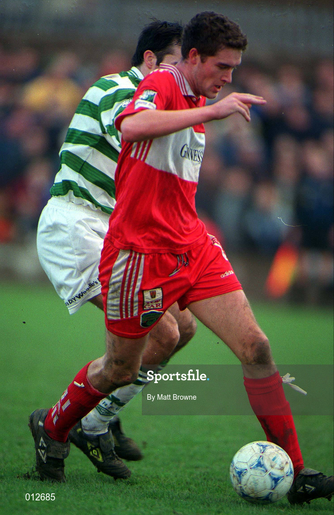 30 December 1998; Noel Hartigan of Cork City in action against Terry Palmer of Shamrock Rovers during the Harp Lager League Cup Final 2nd Leg match between Cork City and Shamrock Rovers at Turners Cross in Cork. Photo by Matt Browne/Sportsfile