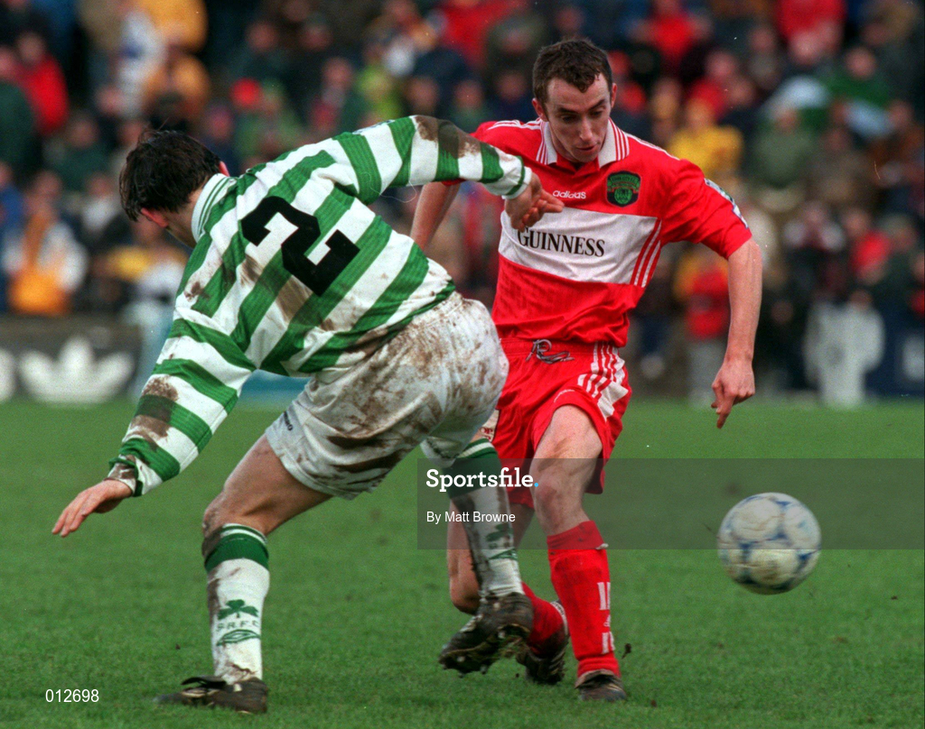 30 December 1998; Olli Cahill of Cork City is tackled by Matt Britton of Shamrock Rovers during the Harp Lager League Cup Final 2nd Leg match between Cork City and Shamrock Rovers at Turners Cross in Cork. Photo by Matt Browne/Sportsfile