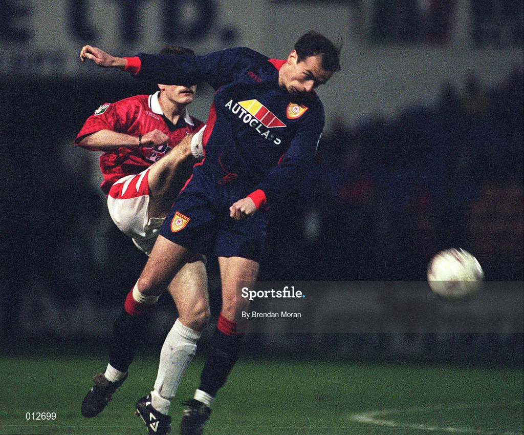 12 December 1997; Packie Lynch of St. Patrick's Athletic in action against Stephen Geoghegan of Shelbourne during the Harp Lager National League Premier Division match between Shelbourne and St Patrick's Athletic at Tolka Park in Dublin. Photo by Brendan Moran/Sportsfile
