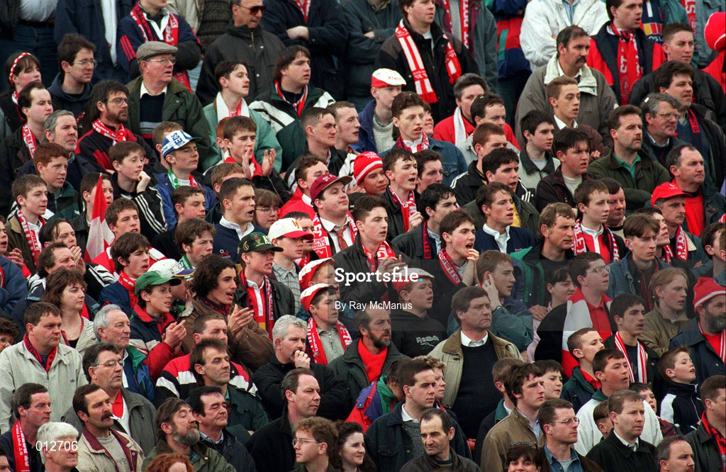 28 April 1996; St Patrick's Athletic chief executive Pat Dolan with supporters during the Bord Gáis National League Premier Division match between St Patrick's Athletic and Shelbourne at Tolka Park in Dublin. Photo by Ray McManus/Sportsfile