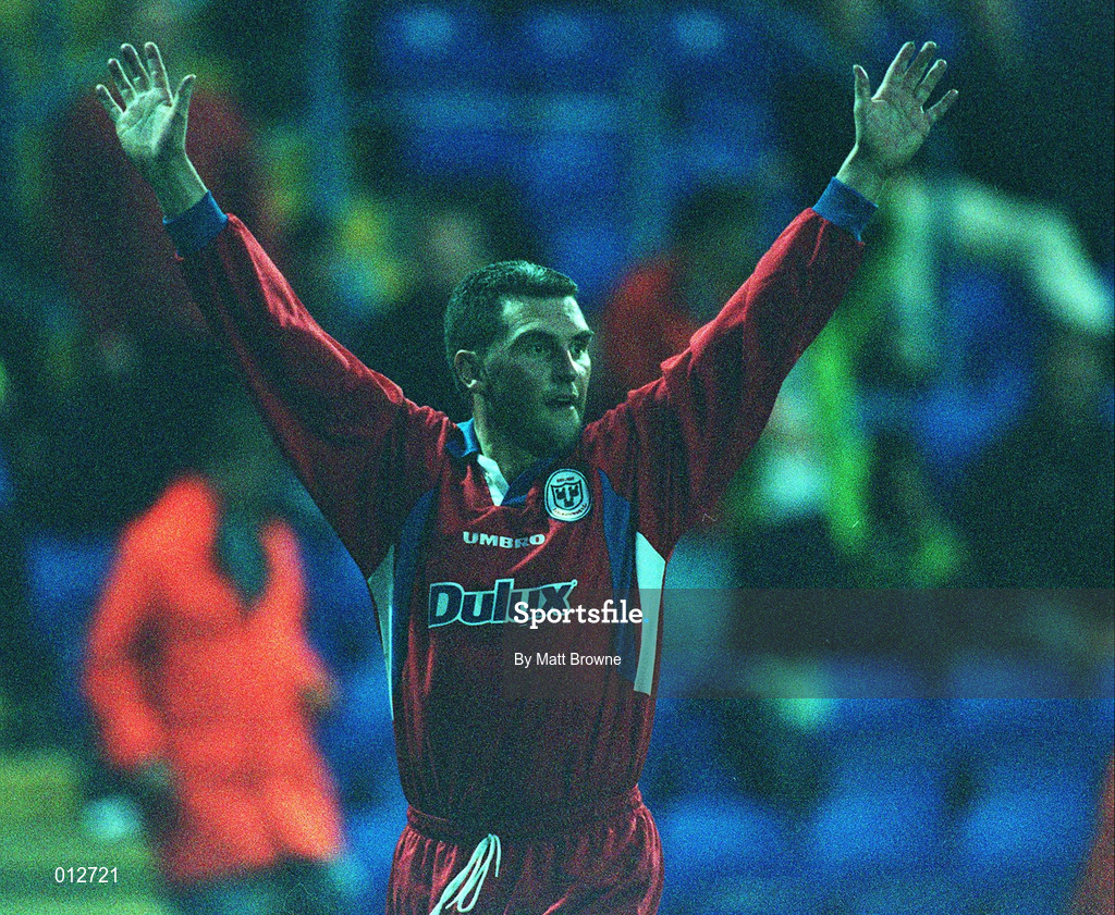 22 July 1998: Pat Morley of Shelbourne celebrates scoring a goal during the UEFA Cup First Qualifying Round 1st Leg match between Shelbourne and Rangers at Prenton Park in Birkenhead, England. Photo by Matt Browne/Sportsfile