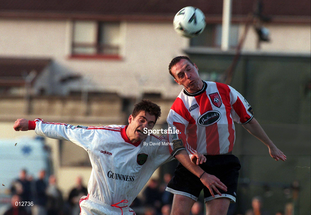 29 November 1998; Paul Curran of Derry City in action against Mark Herrick of Cork City during the Harp Lager National League Premier Division match between Derry City and Cork City at Brandywell Stadium in Derry. Photo by David Maher/Sportsfile