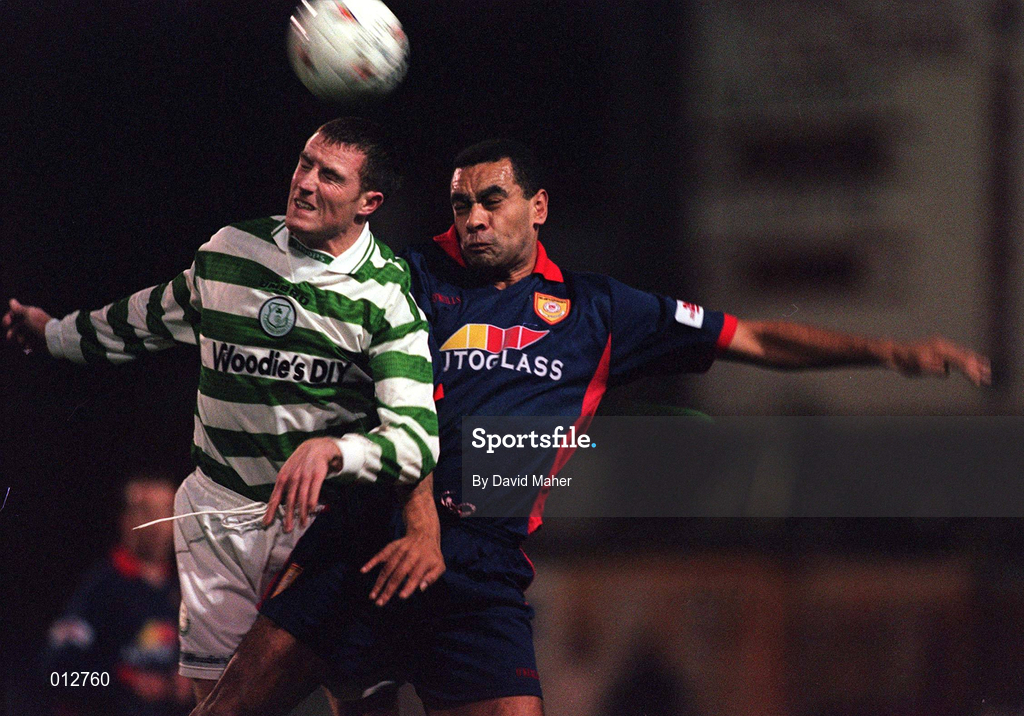 30 October 1998; Paul Osam of St Patrick's Athletic in action against Mark O'Neill of Shamrock Rovers during the Harp Lager National League Premier Division match between Shamrock Rovers and St Patrick's Athletic at Tolka Park in Dublin. Photo by David Maher/Sportsfile