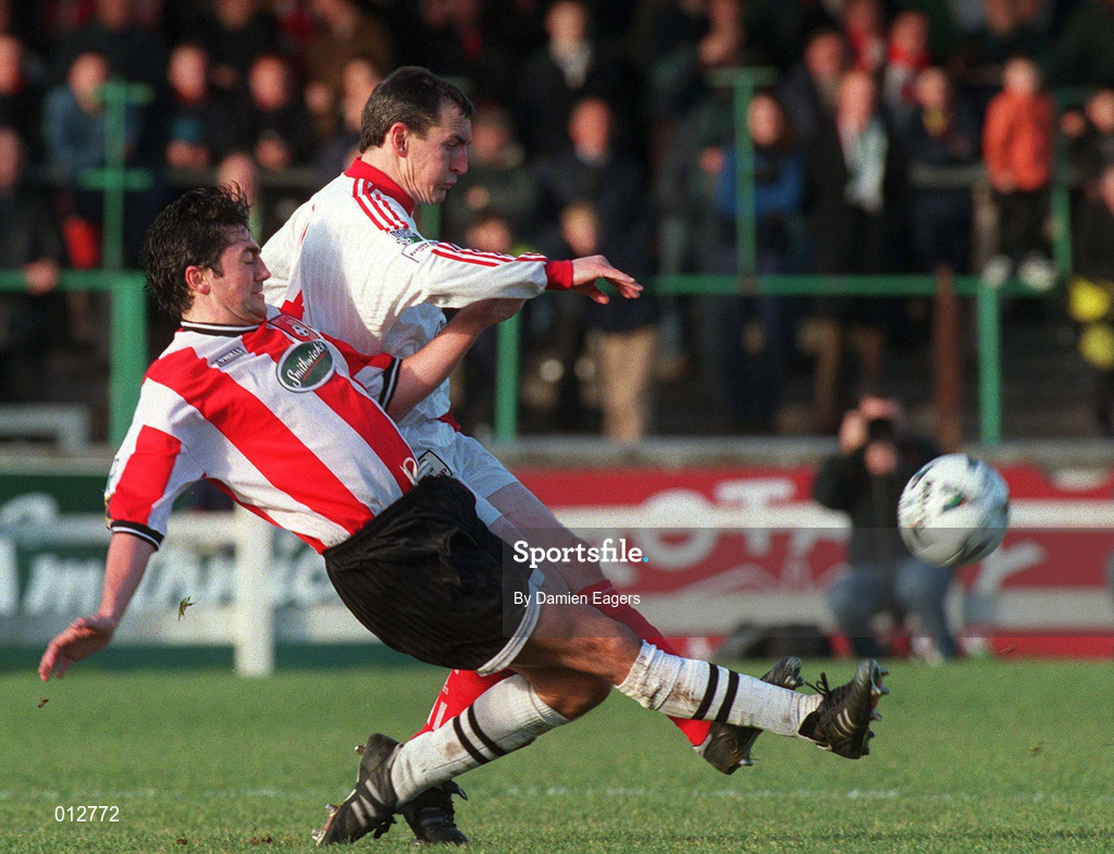 29 November 1998; John Caulfield of Cork City in action against Peter Hutton of Derry City during the Harp Lager National League Premier Division match between Derry City and Cork City at the Brandywell Stadium in Derry. Photo by Damien Eagers/Sportsfile