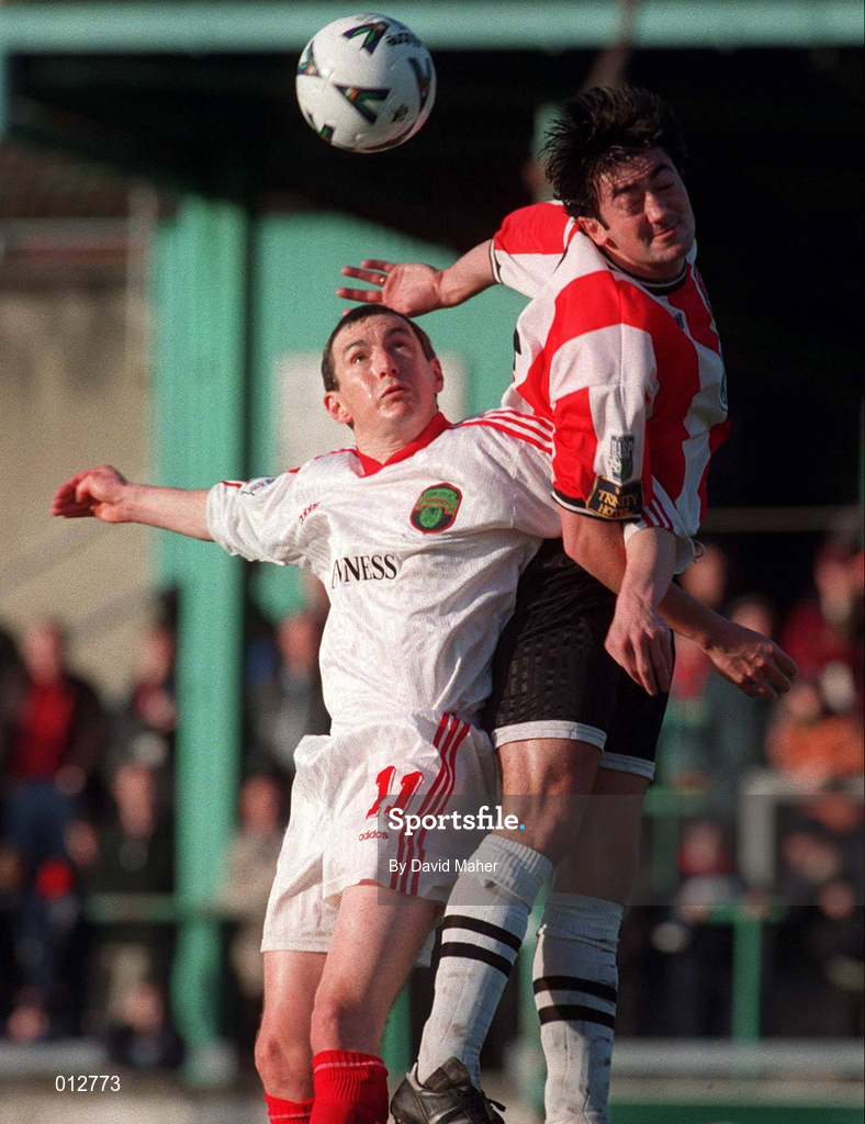 29 November 1998; John Caulfield of Cork City in action against Peter Hutton of Derry City during the Harp Lager National League Premier Division match between Derry City and Cork City at the Brandywell Stadium in Derry. Photo by David Maher/Sportsfile
