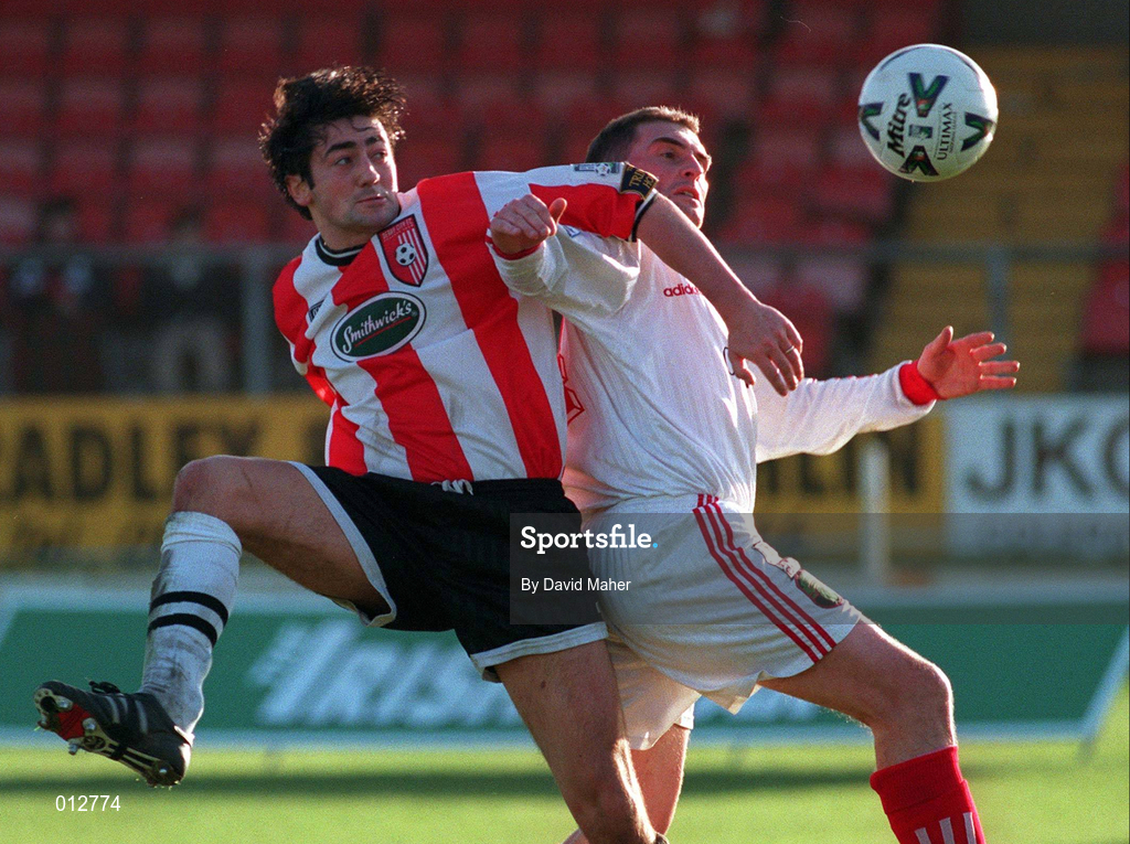 29 November 1998; Peter Hutton of Derry City in action against Pat Morley of Cork City during the Harp Lager National League Premier Division match between Derry City and Cork City at the Brandywell Stadium in Derry. Photo by David Maher/Sportsfile
