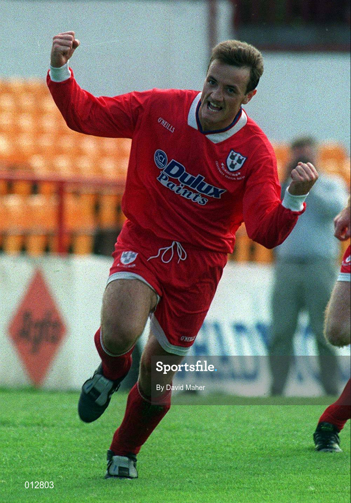 27 August 1995; Stephen Geoghegan of Shelbourne celebrates scoring his side's first goal during the Bord Gáis National League Premier Division match between Shelbourne and Derry City at Tolka Park in Dublin. Photo by David Maher/Sportsfile