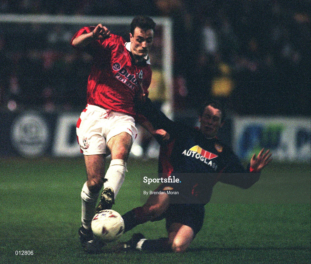 12 December 1997; Stephen Geoghegan of Shelbourne in action against Trevor Molloy of St Patrick's Athletic during the Harp Lager National League Premier Division match between Shelbourne and St Patrick's Athletic at Tolka Park in Dublin. Photo by Brendan Moran/Sportsfile