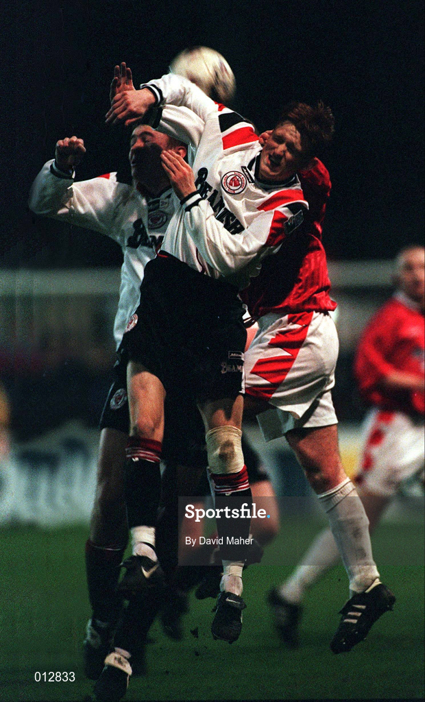 24 February 1998; Paul Morgan, and Steve Jones of Sligo Rovers in action against Stuart Connolly of Shelbourne during the Harp Lager League Cup Final 2nd Leg match between Shelbourne and Sligo Rovers at Tolka Park in Dublin. Photo by David Maher/Sportsfile