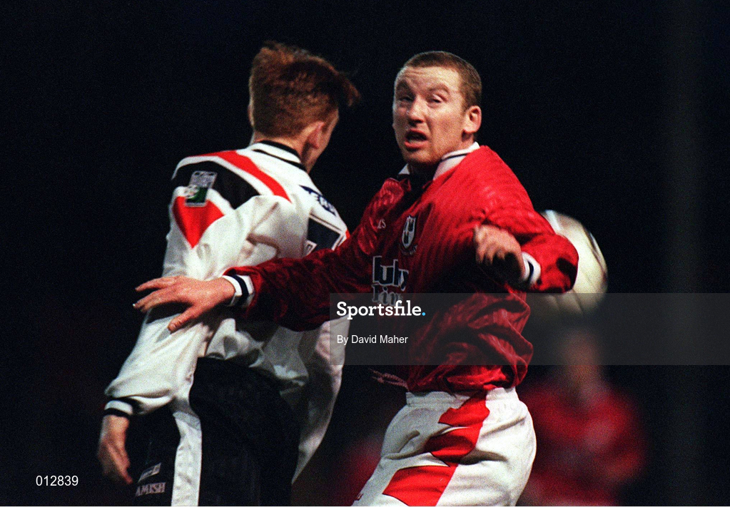 24 February 1998; Stuart Connolly of Shelbourne and Steve Jones of Sligo Rovers during the Harp Lager League Cup Final 2nd Leg match between Shelbourne and Sligo Rovers at Tolka Park in Dublin. Photo by David Maher/Sportsfile