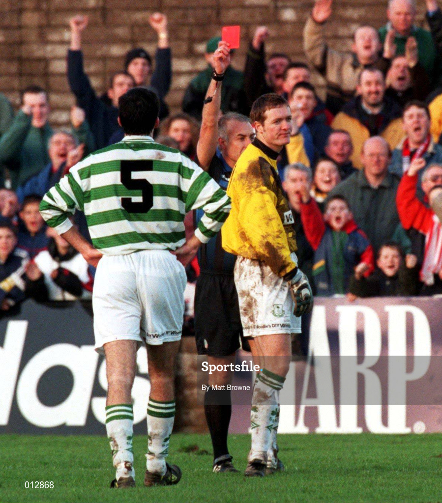 30 December 1998; Shamrock Rovers goalkeeper Tony O'Dowd is shown a red card by referee Hugh Byrne during the Harp Lager League Cup Final 2nd Leg match between Cork City and Shamrock Rovers at Turners Cross in Cork. Photo by Matt Browne/Sportsfile